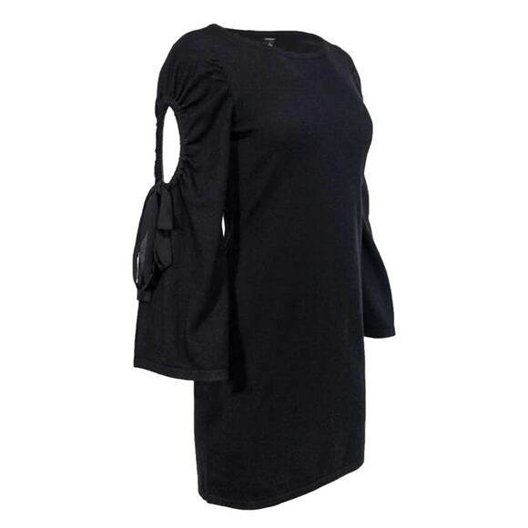 Club Monaco Black Wool Knit Bodycon Ribbon Cutout Long Sleeves Sweater Dress M - Picture 2 of 7